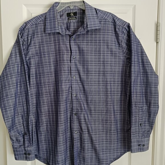 Calvin Klein Men's Dress Shirt Sz 2X Blue with Blue Plaid Long Sleeve Slim Fit - Picture 2 of 8